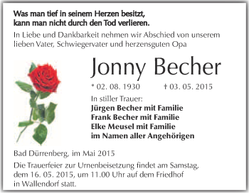 Traueranzeige von Jonny Becher von Super Sonntag Merseburg