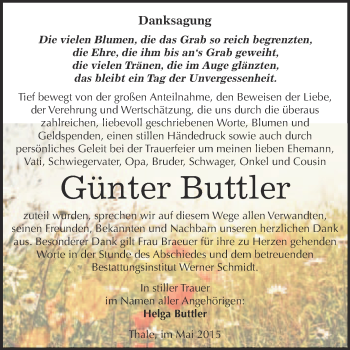 Traueranzeige von Günter Buttler von WVG - Wochenspiegel Quedlinburg