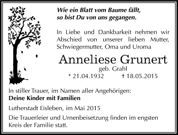 Traueranzeige von Anneliese Grunert von Mitteldeutsche Zeitung Mansfelder Land