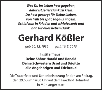 Traueranzeige von Gerhard Kößler von Super Sonntag Wittenberg
