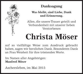 Traueranzeige von Christa Möser von Super Sonntag Aschersleben