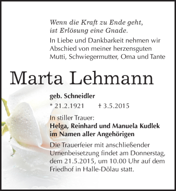 Traueranzeige von Marta Lehmann von Mitteldeutsche Zeitung Halle/Saalkreis