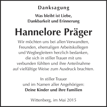 Traueranzeige von Hannelore Präger von WVG - Wochenspiegel Wittenberg