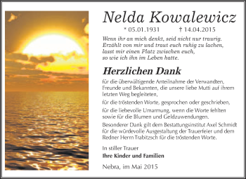 Traueranzeige von Nelda Kowalewicz von WVG - Wochenspiegel NMB / WSF / ZTZ