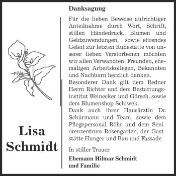 Traueranzeige von Lisa Schmidt von Super Sonntag Bernburg