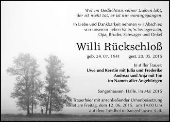 Traueranzeige von Willi Rückschloß von Mitteldeutsche Zeitung Sangerhausen