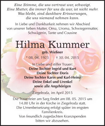 Traueranzeige von Hilma Kummer von Mitteldeutsche Zeitung Merseburg/Querfurt