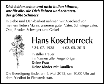 Traueranzeige von Hans Koschorreck von Mitteldeutsche Zeitung Halle/Saalkreis