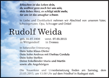 Traueranzeige von Rudolf Weida von Mitteldeutsche Zeitung Köthen
