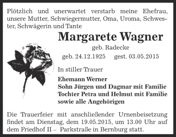 Traueranzeige von Margarete Wagner von Super Sonntag Bernburg
