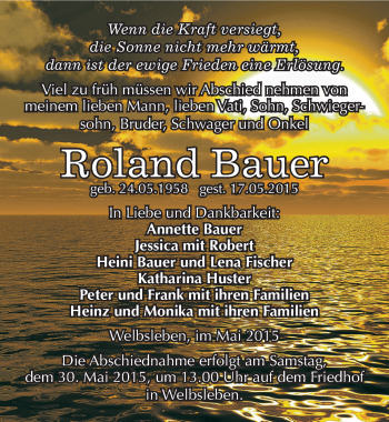 Traueranzeige von Roland Bauer von Mitteldeutsche Zeitung Mansfelder Land