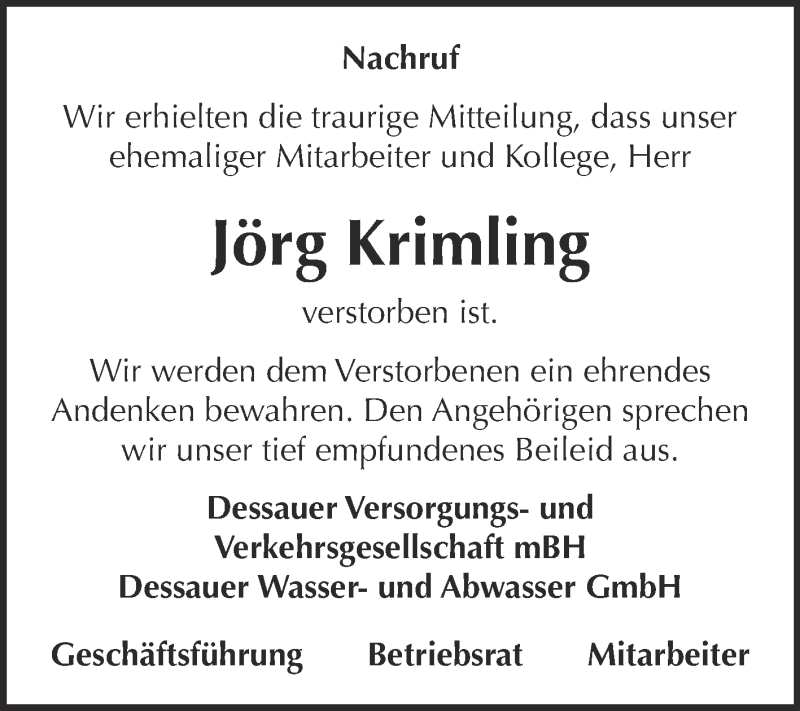  Traueranzeige für Jörg Krimling vom 17.05.2015 aus Super Sonntag Dessau / Köthen