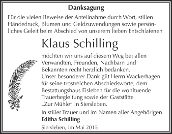 Traueranzeige von Klaus Schilling von Wochenspiegel Mansfelder Land