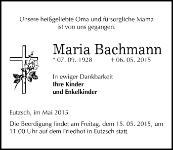 Traueranzeige von Maria Bachmann von Mitteldeutsche Zeitung Wittenberg