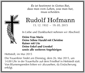 Traueranzeige von Rudolf Hofmann von Mitteldeutsche Zeitung Mansfelder Land