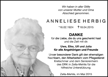 Traueranzeige von Anneliese Herbig von Mitteldeutsche Zeitung Mansfelder Land