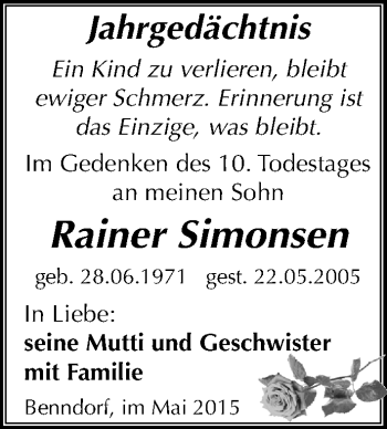 Traueranzeige von Rainer Simonsen von Mitteldeutsche Zeitung Mansfelder Land