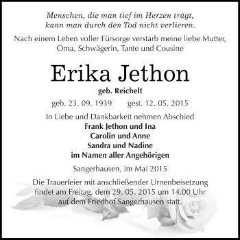 Traueranzeige von Erika Jethon von Super Sonntag SGH Mansf. Land