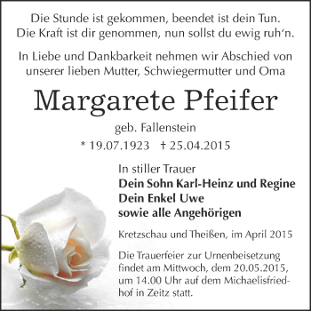 Traueranzeige von Margarete Pfeifer von Super Sonntag Zeitz
