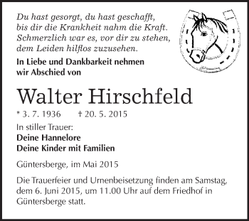 Traueranzeige von Walter Hirschfeld von WVG - Wochenspiegel Quedlinburg