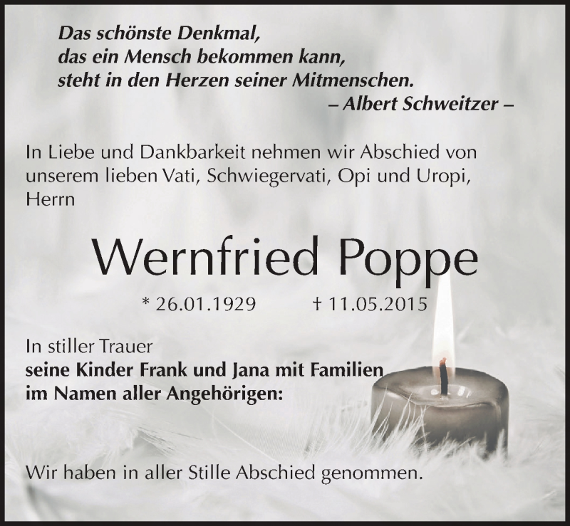  Traueranzeige für Wernfried Poppe vom 16.05.2015 aus Mitteldeutsche Zeitung Zeitz