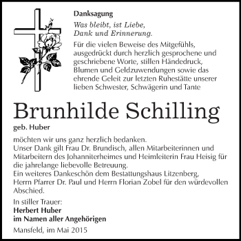 Traueranzeige von Brunhilde Schilling von Super Sonntag SGH Mansf. Land