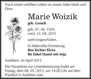 Traueranzeige von Marie Woizik von Mitteldeutsche Zeitung Mansfelder Land