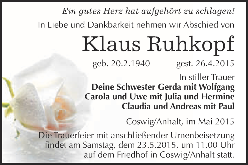  Traueranzeige für Klaus Ruhkopf vom 10.05.2015 aus Super Sonntag Wittenberg