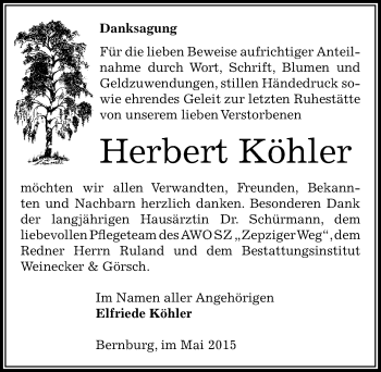 Traueranzeige von Herbert Köhler von Mitteldeutsche Zeitung Bernburg