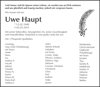 Traueranzeige von Uwe Haupt von Super Sonntag Zeitz