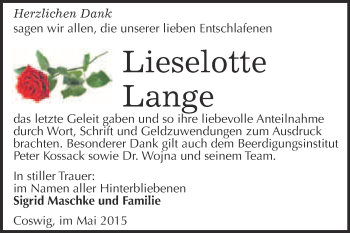 Traueranzeige von Lieselotte Lange von Super Sonntag Wittenberg