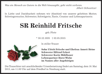 Traueranzeige von Reinhild Fritsche von Super Sonntag Bernburg
