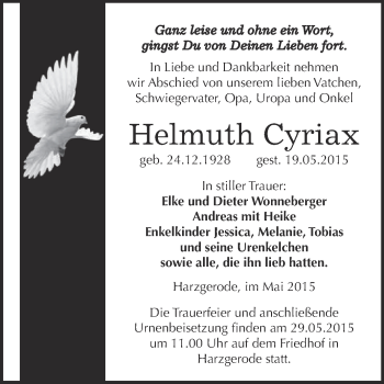 Traueranzeige von Helmuth Cyriax von Super Sonntag Quedlinburg