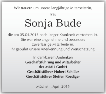Traueranzeige von Sonja Bude von Super Sonntag Merseburg