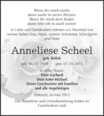 Traueranzeige von Anneliese Scheel von WVG - Wochenspiegel Wittenberg