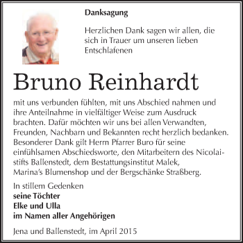 Traueranzeige von Bruno Reinhardt von WVG - Wochenspiegel Quedlinburg