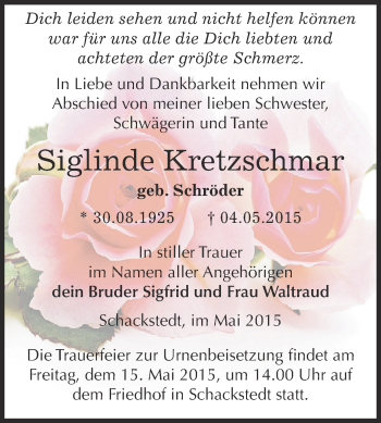 Traueranzeige von Siglinde Kretzschmar von Super Sonntag SGH Mansf. Land