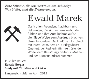 Traueranzeige von Ewald Marek von WVG - Wochenspiegel Merseburg
