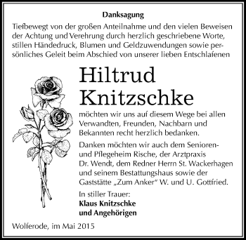 Traueranzeige von Hiltrud Knitzschke von Mitteldeutsche Zeitung Mansfelder Land