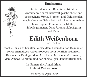 Traueranzeige von Edith Weißenborn von Super Sonntag Bernburg