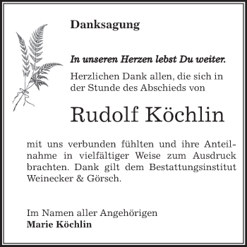Traueranzeige von Rudolf Köchlin von Super Sonntag Bernburg