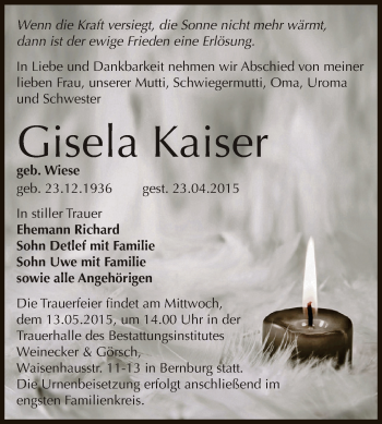 Traueranzeige von Gisela Kaiser von Super Sonntag Bernburg