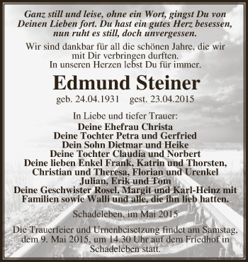Traueranzeige von Edmund Steiner von Super Sonntag Aschersleben