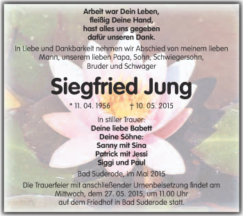 Traueranzeige von Siegfried Jung von WVG - Wochenspiegel Quedlinburg