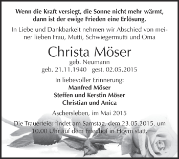 Traueranzeige von Christa Möser von Super Sonntag Aschersleben
