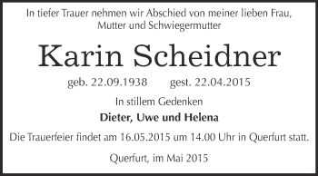 Traueranzeige von Karin Scheidner von WVG - Wochenspiegel Merseburg