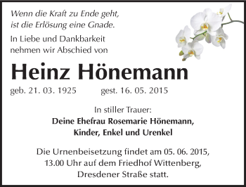 Traueranzeige von Heinz Hönemann von Mitteldeutsche Zeitung Wittenberg