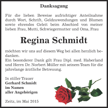 Traueranzeige von Regina Schmidt von Super Sonntag Zeitz