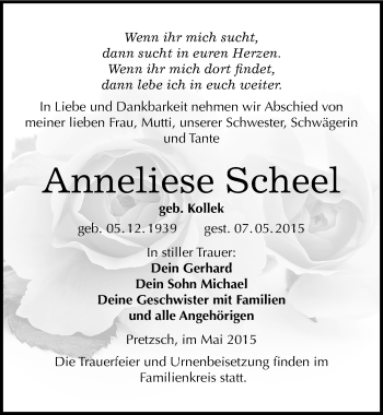 Traueranzeige von Anneliese Scheel von Mitteldeutsche Zeitung Wittenberg