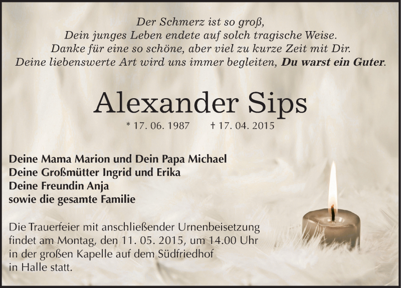  Traueranzeige für Alexander Sips vom 02.05.2015 aus Mitteldeutsche Zeitung Halle/Saalkreis